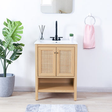 Jasper Rattan Modern Coastal 2-Shelf Bath Vanity Cabinet Only (Sink Basin Not Included) - JONATHAN Y